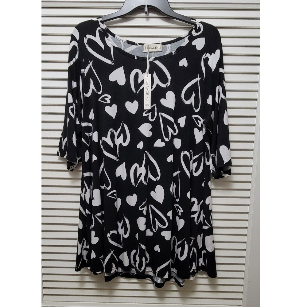 Womans plus Tunic Swing Shirt Larace Womens Heart Print Top Black White  NEW